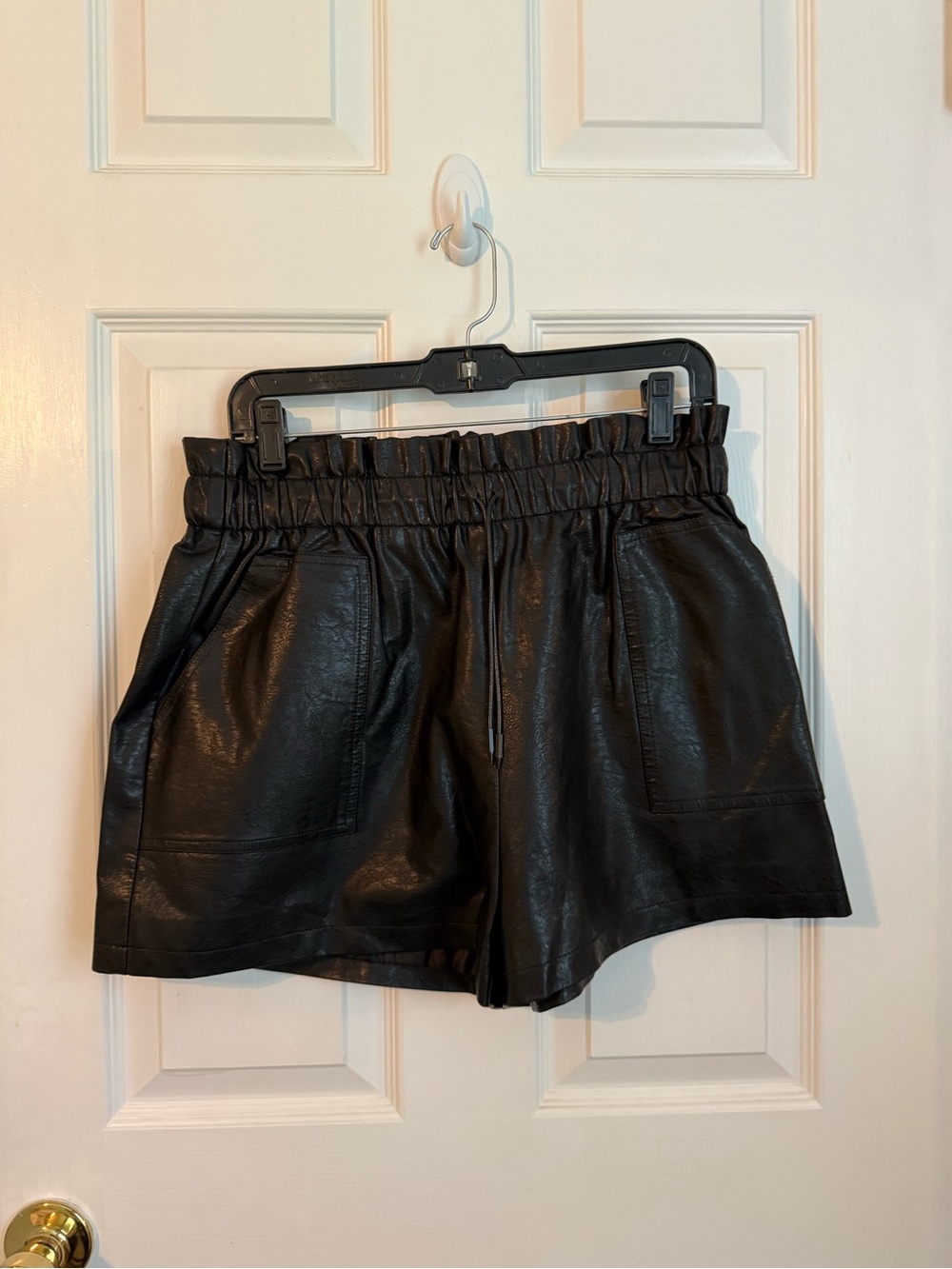 Women's Black Faux Leather Drawstring Shorts